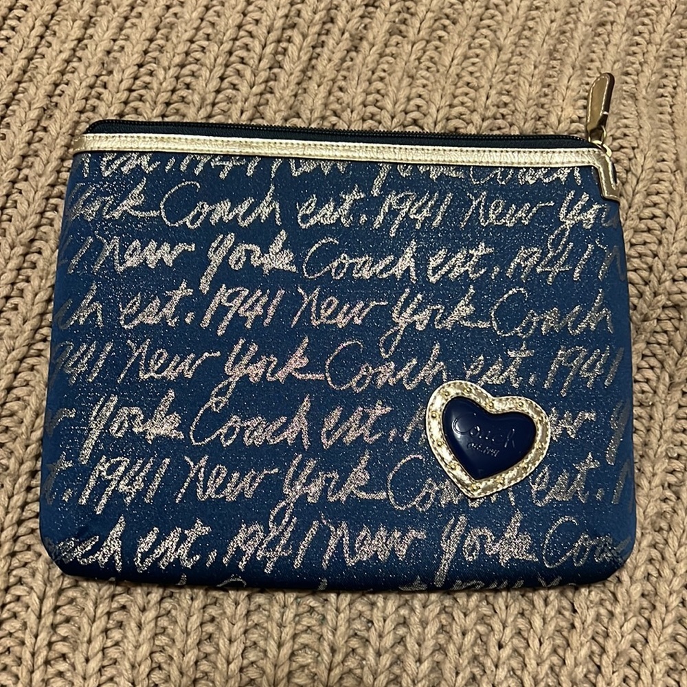 Coach Navy Blue Script Heart Zip Tablet Sleeve